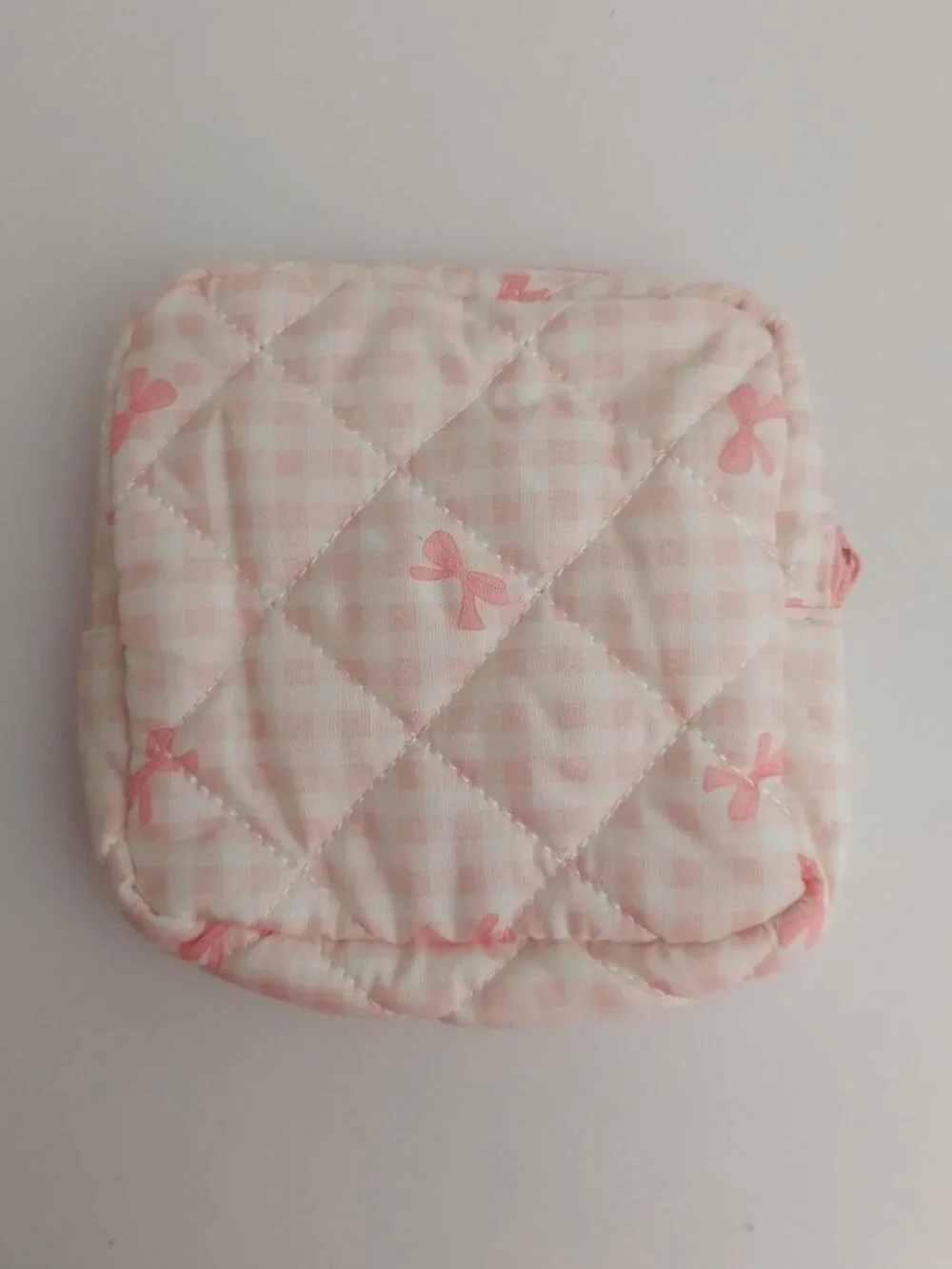 pink bow plad gingham make up pouch small square bag